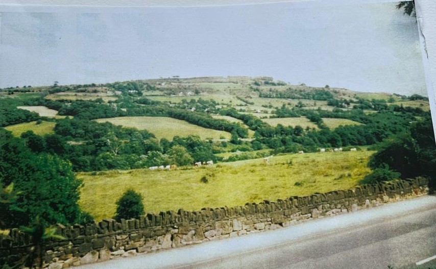 A road and stone wall in the foreground with a field of grass behind the wall and rolling hills in the distance.