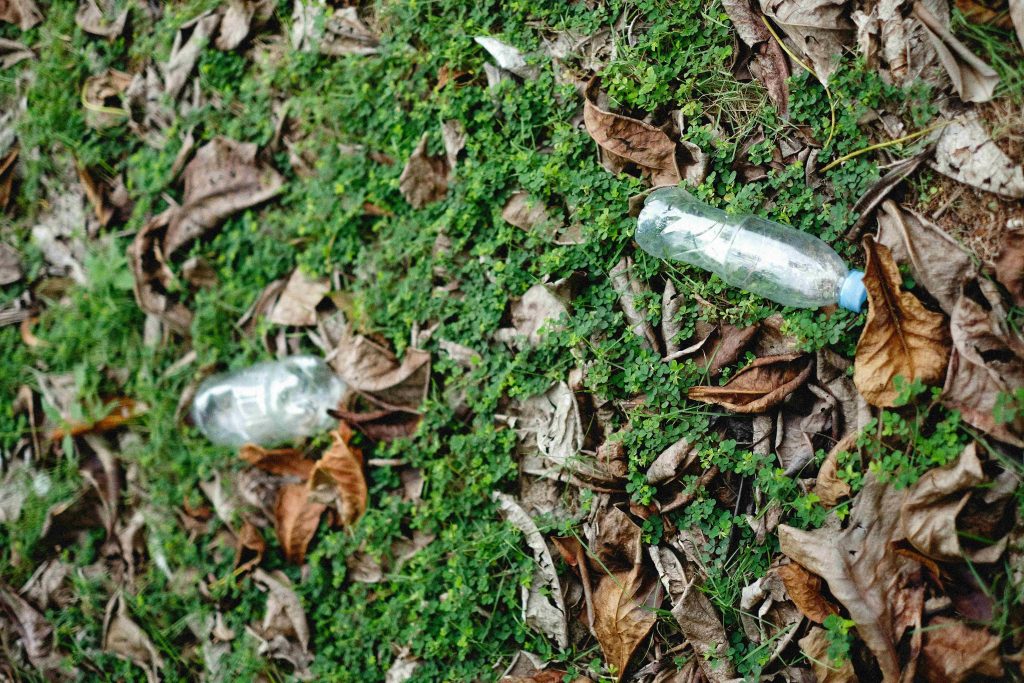 2 plastic bottles on the ground among grass and leaves