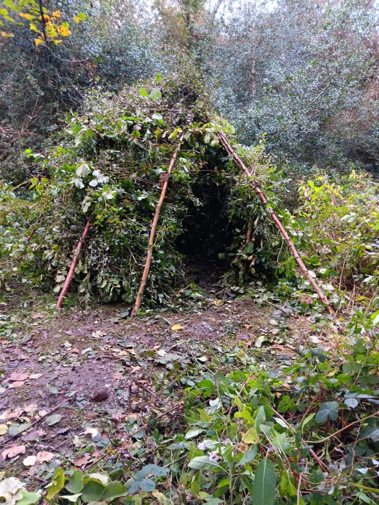 A wigwam structure made from wooden poles and woven with leafy branches
